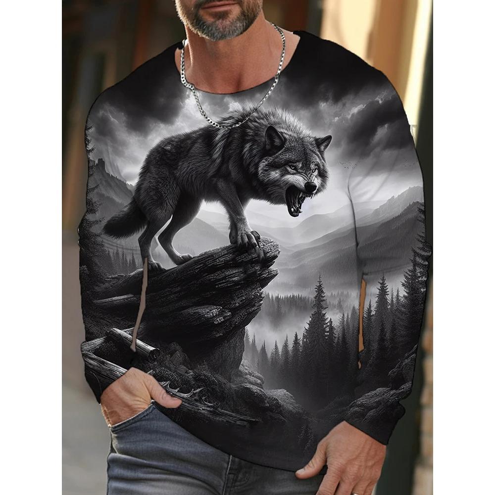 Spring and Autumn Round Neck 3D Animal Wolf Lion Pattern Printed Top Fashionable Casual Long Sleeved Men's T-shirts