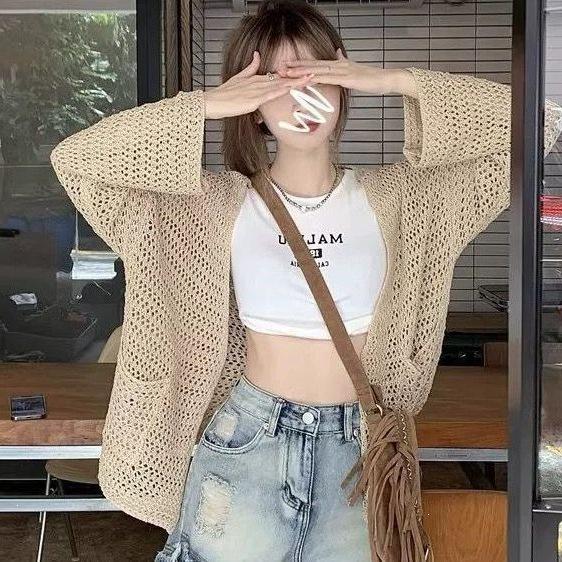 

Women s Knit Cardigan, Hollow Sun Protection, European Style Open-Front, Spring Pocket Cover-Up, Loose Fit, Lazy Summer Jacket One Size вершковий/бежевий