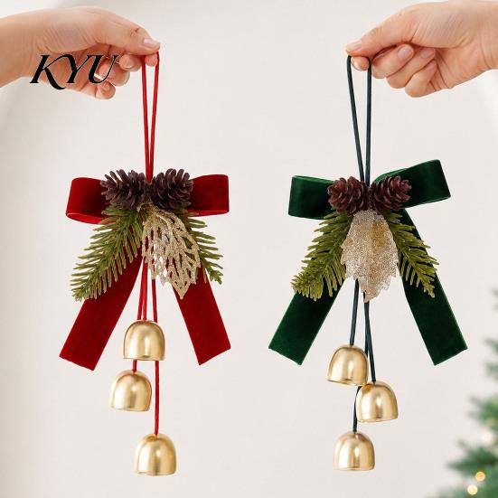 Winter Indoor Door Handle Ornaments Christmas Bow Bell Hanging Ornament, Velvet Festive Wreath Decor for Pendant with Bells Home Party, Holiday Window
