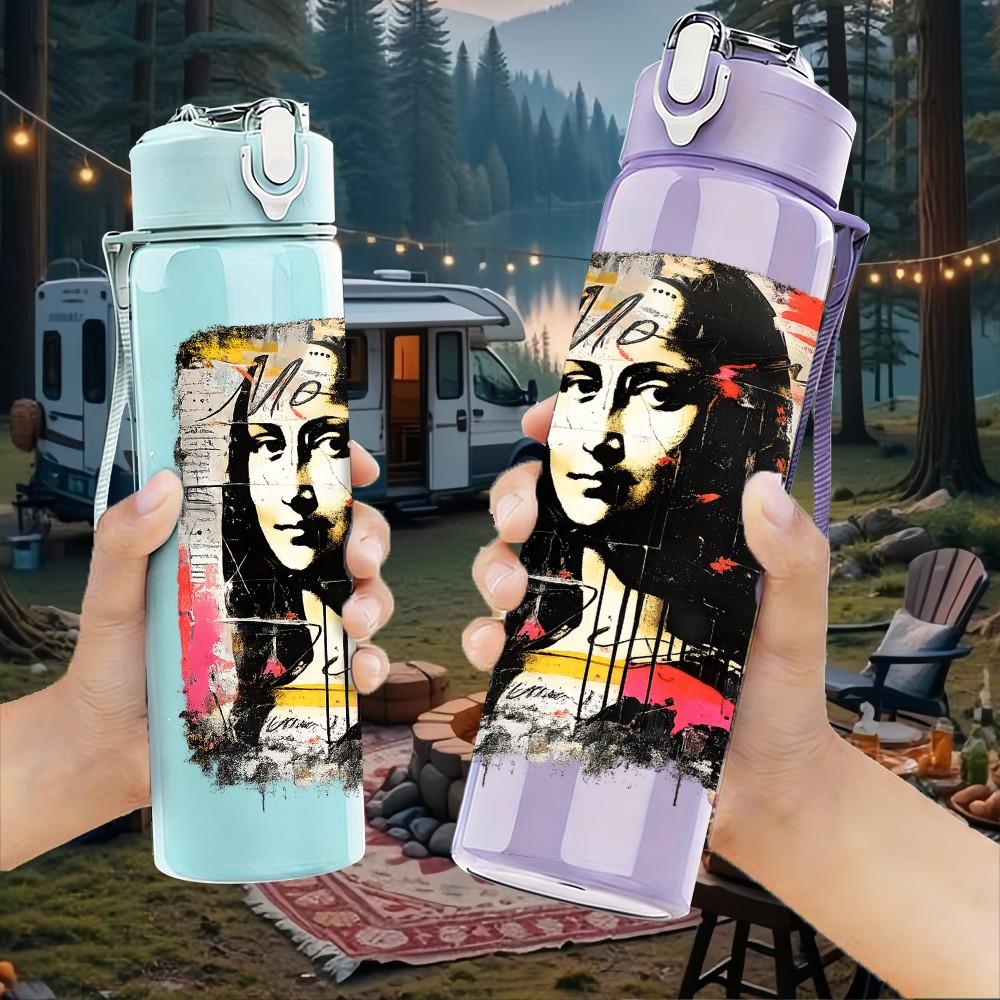 1PC Vintage Female Portrait Art Print 750ml Color Plastic Sports Water Bottle Leakproof Flip Straw Lid Suitable for Sports Office Home Use