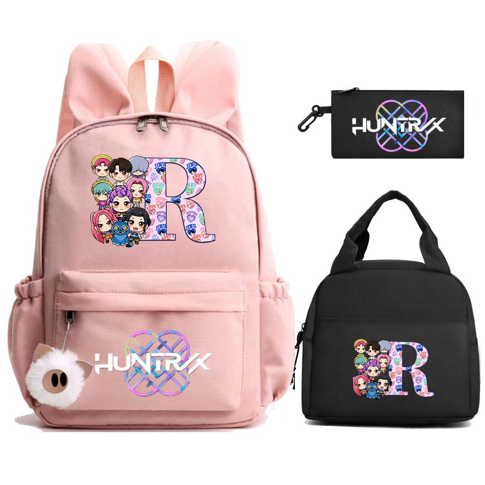 3Pcs/set 26 English Letter Kpop Demon Hunters Printed Backpack with Lunch Bag Pengcil Case for Teenager Girl Boy Large Capacity Bookbag Travel Bag