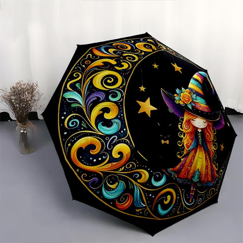 1pc Moon Witch Durable Cartoon Folding Umbrella, Portable 3-Fold Compact Umbrella for Men and Women, Suitable for Travel or Daily Use.D058