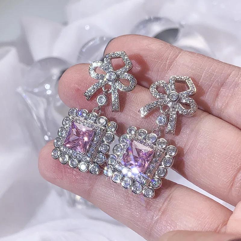 New Elegant Pink Pendant Bow Drop Sterling Silver Earrings Crystal Zircon Ladies Earrings Silver