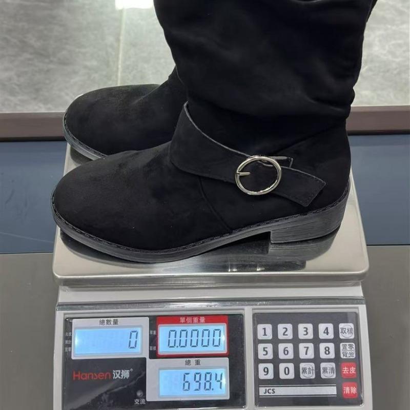 Plus Size Women's Spring Wrinkled Belt Buckle Boots Block Heel Below Knee Slimming Mid-Calf