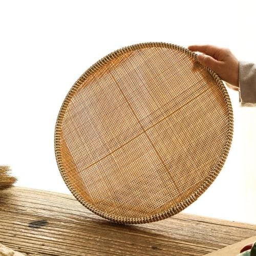 Lirancia Bamboo Strainer Set, Dustpan, Bamboo Strips, Round Bamboo Strainer, Bamboo Tray, Handmade with Natural Materials, Lightweight and Durable, Pe