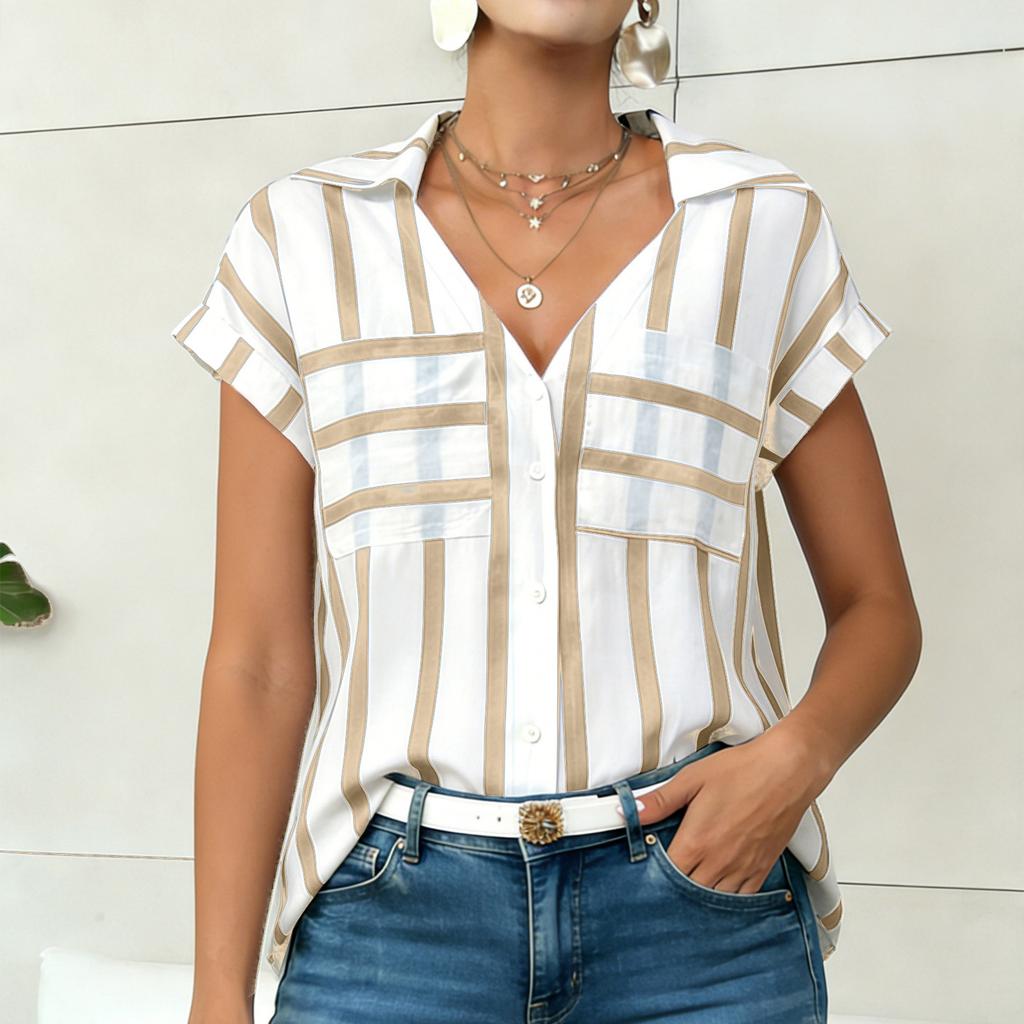 Chemise Décontractée pour Femme Coupe Ample Col en V Boutonnée Manches Courtes Motif Rayé Poches Devant Blouse Légère