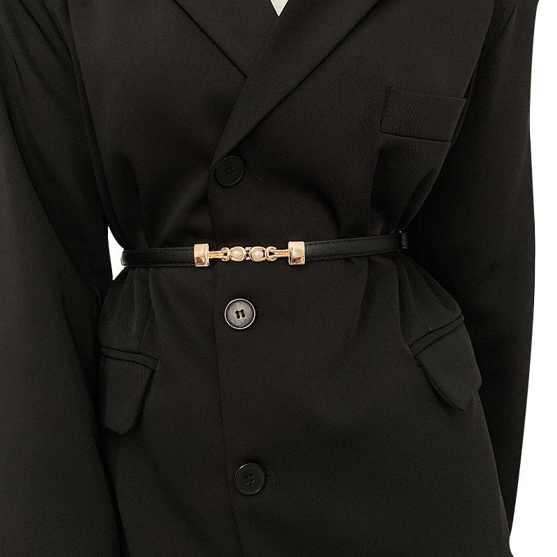 Black Mirrored Pearl-Embellished Adjustable Belt for Women's Suit Dress