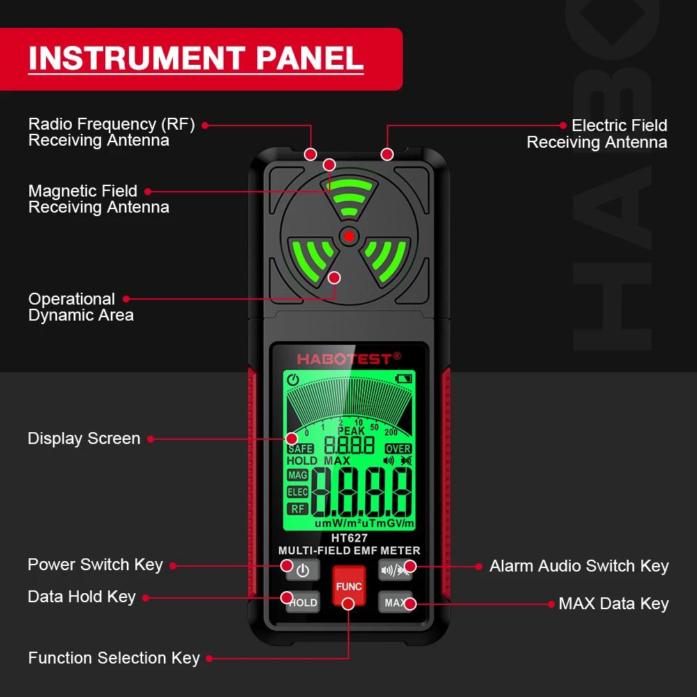 EMF Meter Electromagnetic Radiation Detector Ghost Hunter Professional Magnetic Electric RF Tester Ghost Hunting Electric Field Radiation Alarm HT627