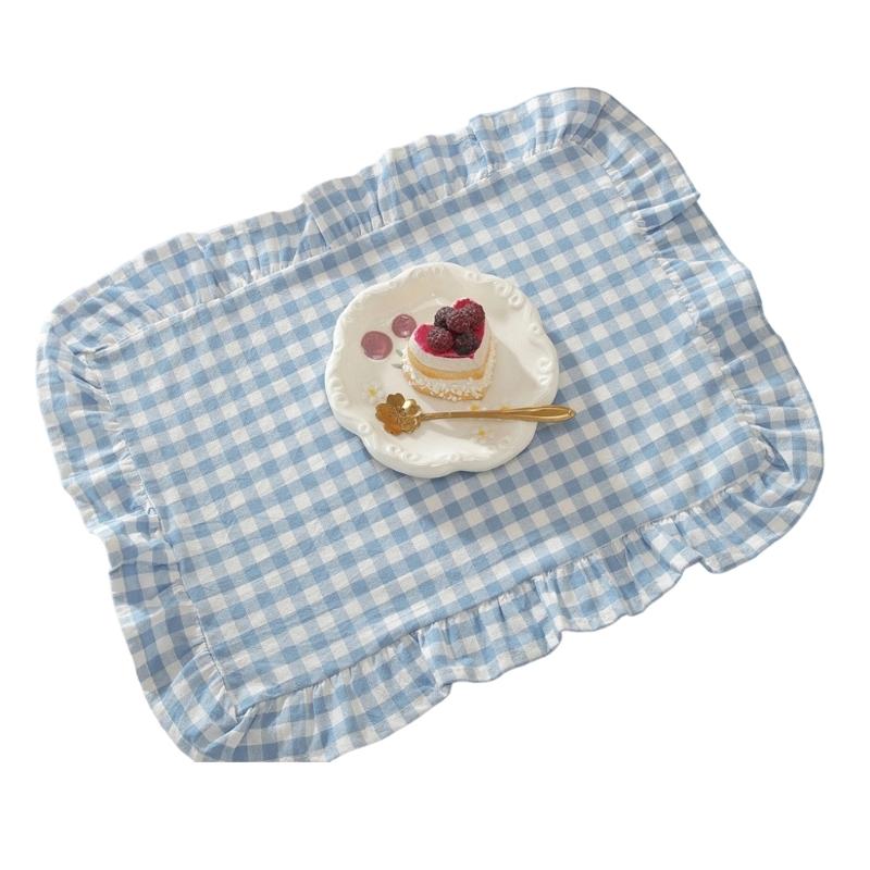 French Design Cloth Placemat Ruffle Edges Gingham Plaids Washable Table Mat For Banquets Wedding Parties Home Decors