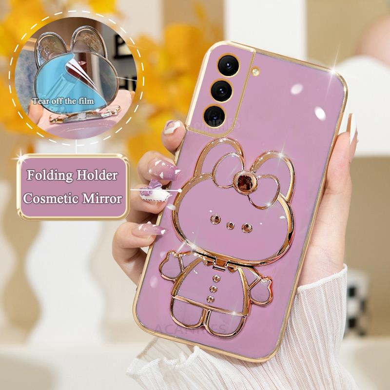 S 21 22 23 24 Luxury Plating Mirror Holder Case For Samsung Galaxy S21 S20 S23 Fe S22 Plus Ultra Silicone Stand Cover S21fe