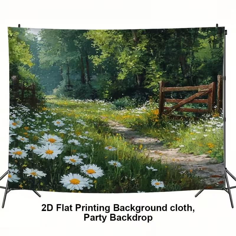 2D Wildflower Meadow and Wooden Fence Background Cloth Photo Booth Prop