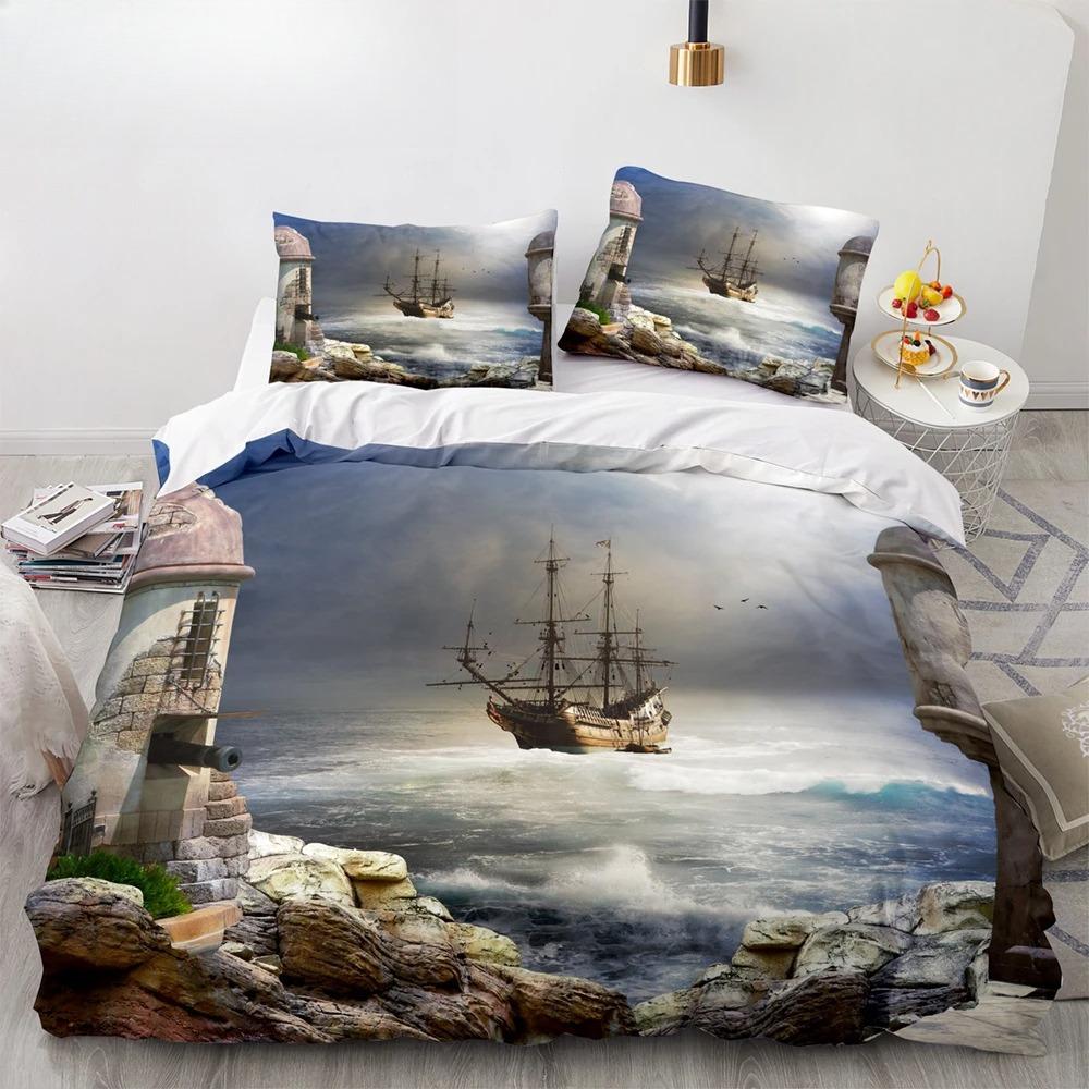 Vintage Segelboot König Königin Bettbezug Nautisches Ozean Bettwäscheset Für Teenager Erwachsene Schiff Feuer Schwarz 2/3tlg. Polyester Steppdeckenbezug