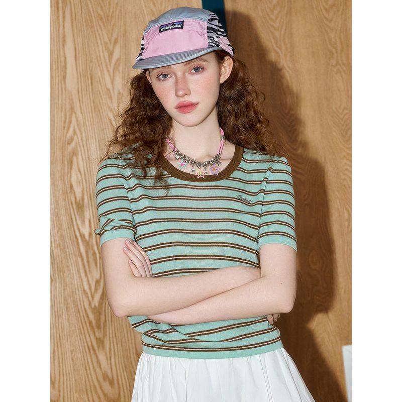 Coolhut Striped Color-Blocked Round Neck Slim-Fit Tencel Short-Sleeve Versatile Short Top 2025 Summer Women's Knitwear