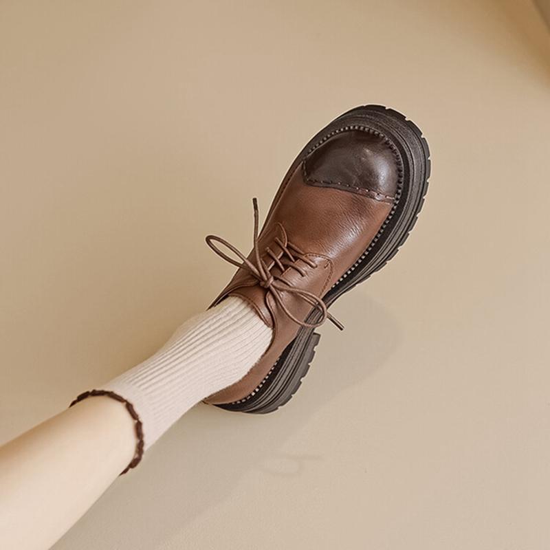 Fashion NEW Spring/Autumn Women Shoes Genuine Leather Shoes for Women Round Toe Chunky Heel Shoes Casual Lace-up Platform Women Pumps