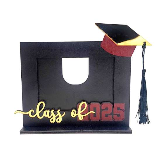 Dřevěný fotorámeček k promoci 2025, fotorámeček na památku s promoční čepicí, dárek pro střední školu a vysokou školu