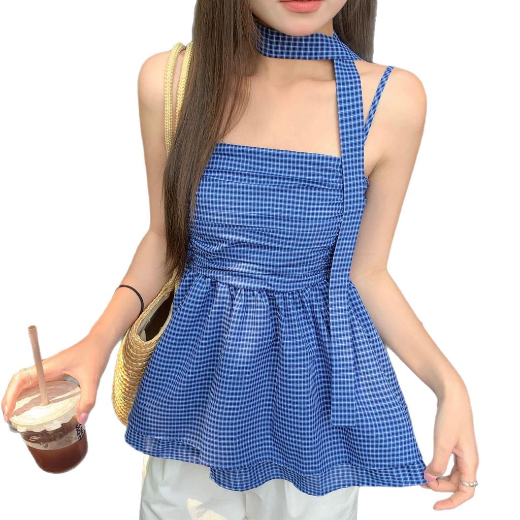 Pure desire wind neck blue plaid pleated suspender vest women's summer Korean retro chic streamer waist top