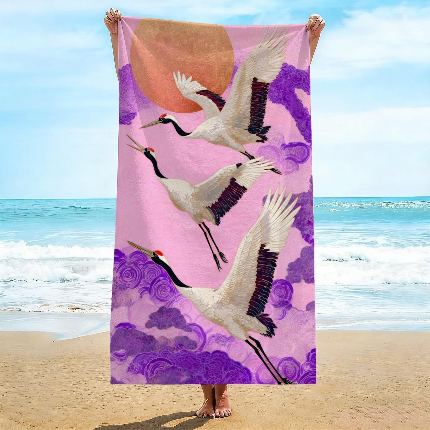 

ersized Beach Blanket, Flying Cranes on Pink, Soft Absorbent Towel, Quick Dry, Ideal for Pool Party & Sunbathing W30*H60(CM)