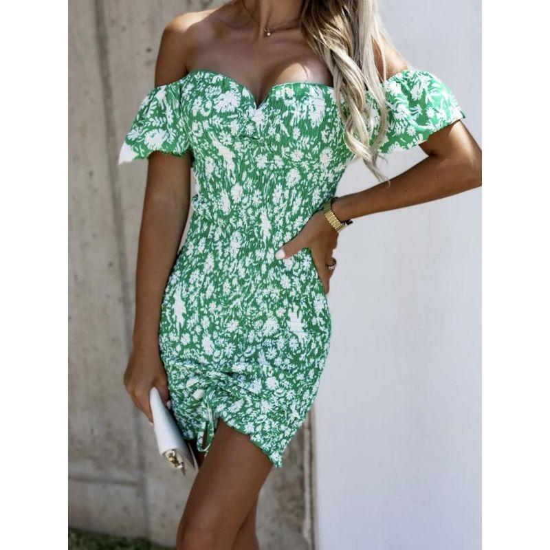 

Off-the-Shoulder Summer Silm Short Sleeve Office Lady Sheath Skirt Chest Wrap Green S