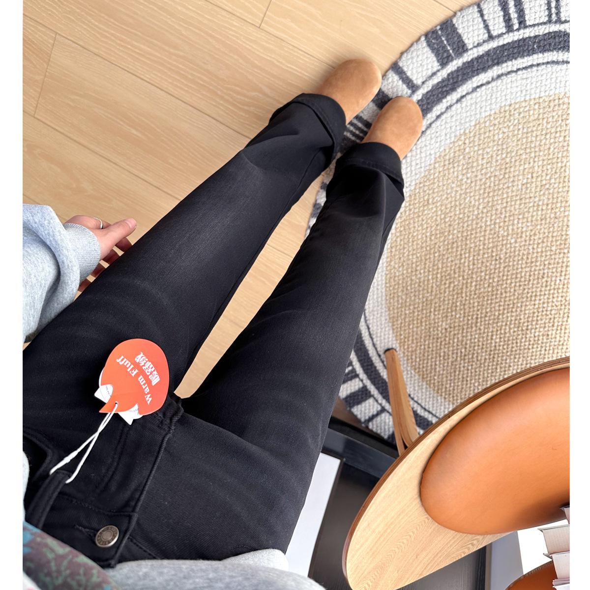 S35 Women s High-Waisted Slimming Wide-Leg Fleece Denim Pants - Black-Gray. S