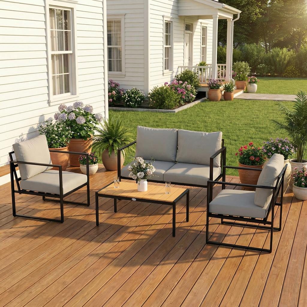 Outdoor Garden Furniture Set 4 Piece Patio Furniture With Slatted Table Indoor Outdoor Balcony Patio Conservatory Set