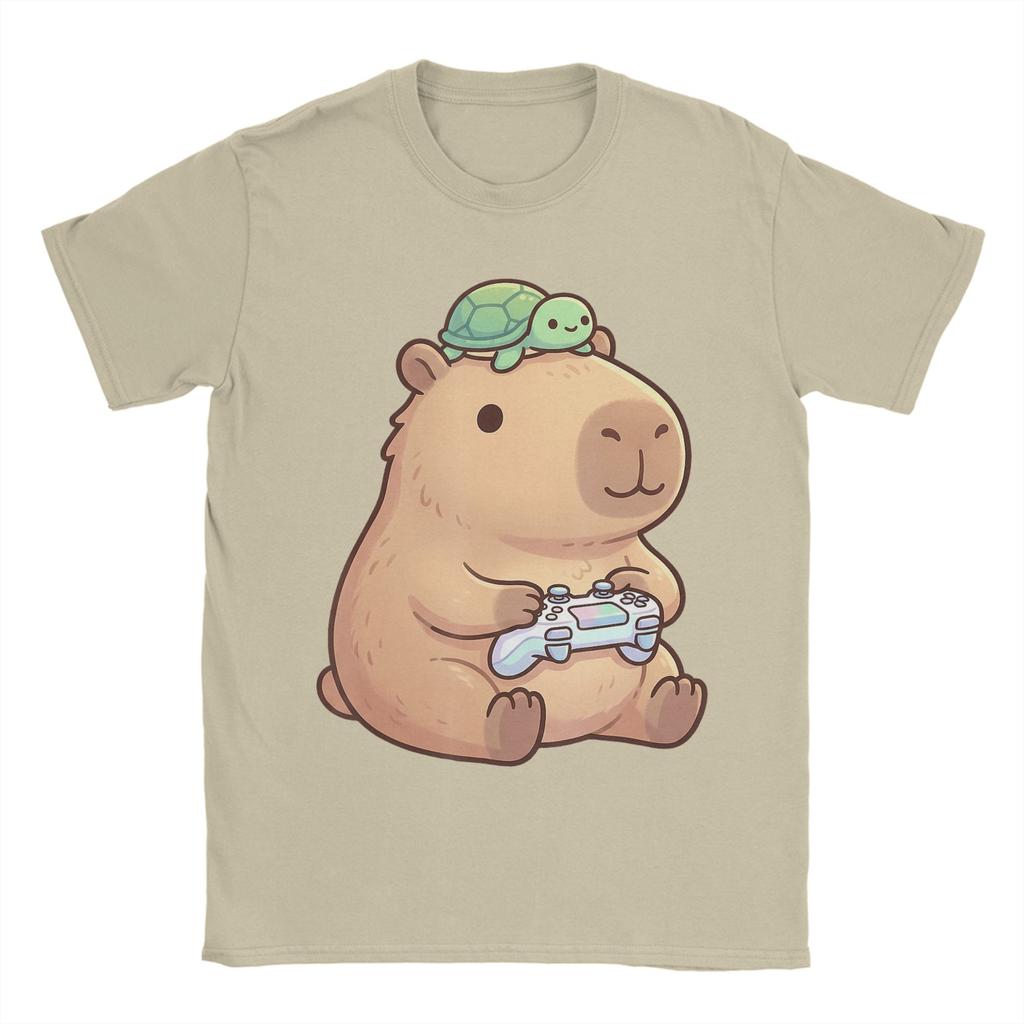 Cute Capybara Anime Gamer TShirts for Men Leisure Pure Cotton Tee Shirt O Neck Short Sleeve T Shirts Printing Clothing