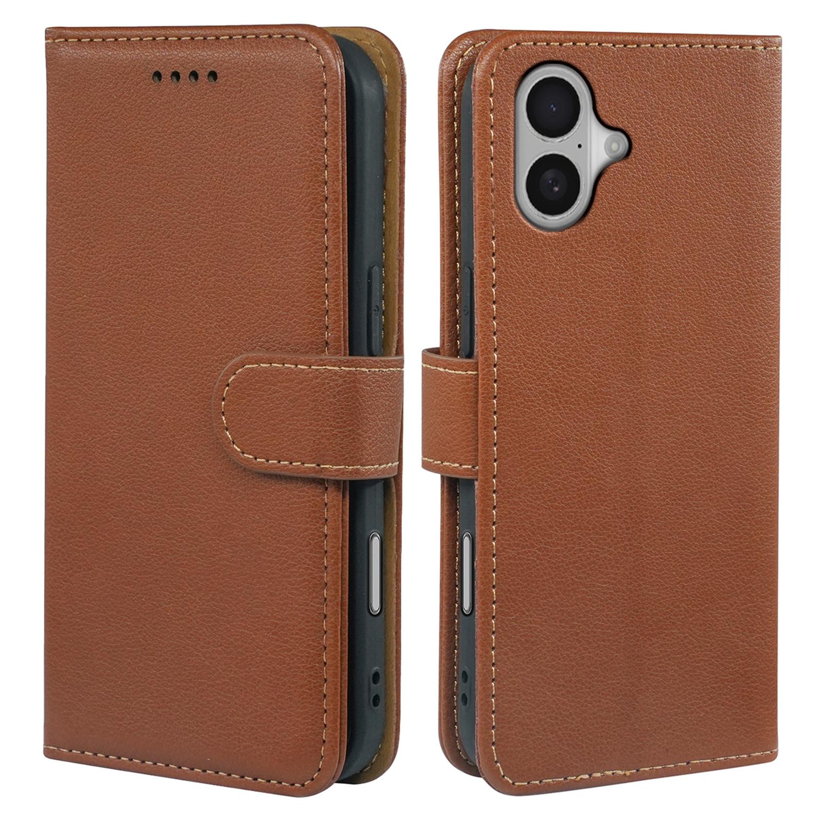

For iPhone 16 Plus Case RFID Blocking Wallet Litchi Texture Leather Phone Cover Magnetic Clasp Brown