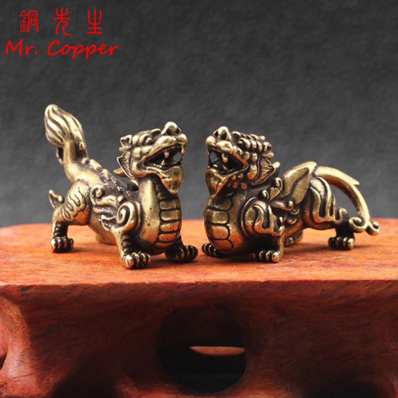 Antique Copper Chinese Mythical Beast Pixiu Miniature Figurines 1 Pair Ornaments Brass Lucky Animal Qi Lin Desktop Decorations