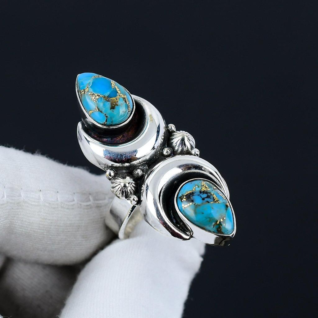 Copper Turquoise Adjustable 925 Sterling Silver Ring - Fits US Sizes 6 To 10 - Handmade Boho Jewelry for Women & Men, Valentine Gifts