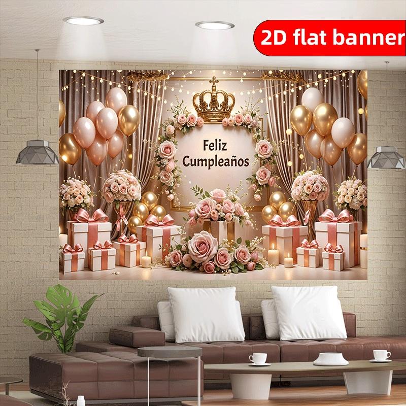 Spanish Birthday Celebration Banner Background Pink Curtain Gift And Rose Balloon Pattern Design Polyester Party Home Decor Birt