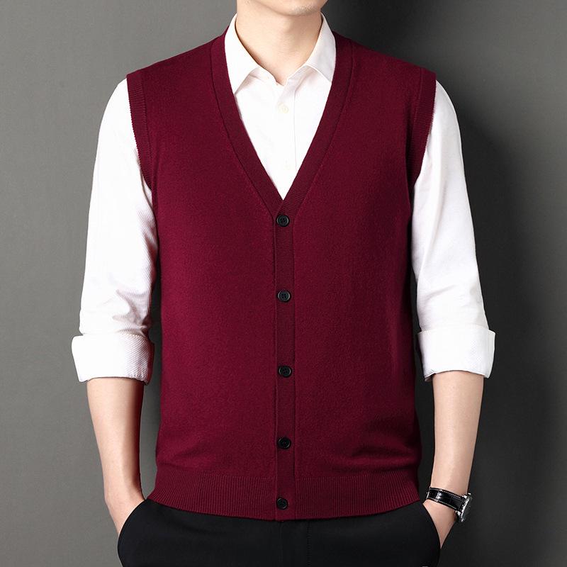 100% Pure Wool Men's Winter 2025 Cardigan Vest - Sleeveless, Middle-aged Style Sweater