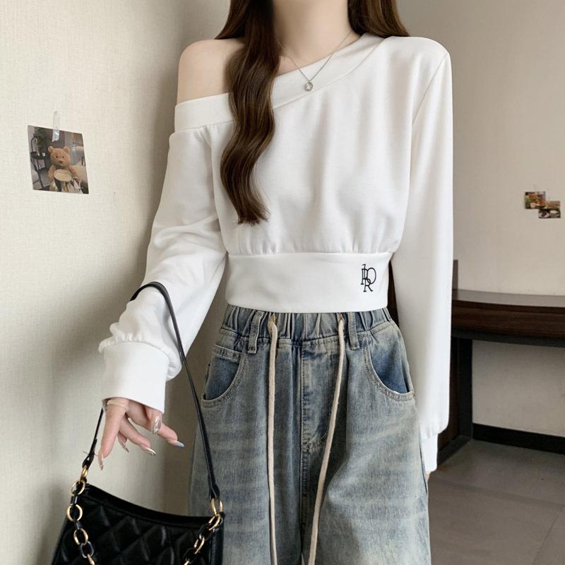 Korean Style Off-Shoulder Slant Neck Long Sleeve Sweatshirt for Women - Spring/Autumn Loose Fit, Short, Thin Top