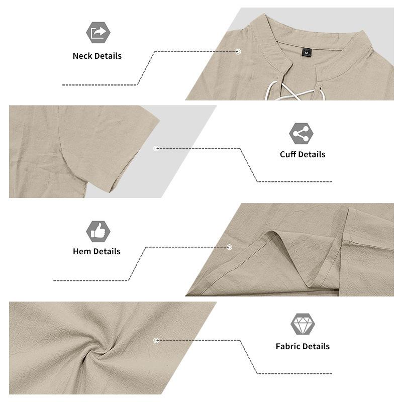 Men's Linen‑Blend Lace‑Up Stand‑Collar Shirt, Crisscross Tie Front V‑Neck, Short Sleeve, Breathable Relaxed‑Fit Medieval Renaissance Casual Summer Top