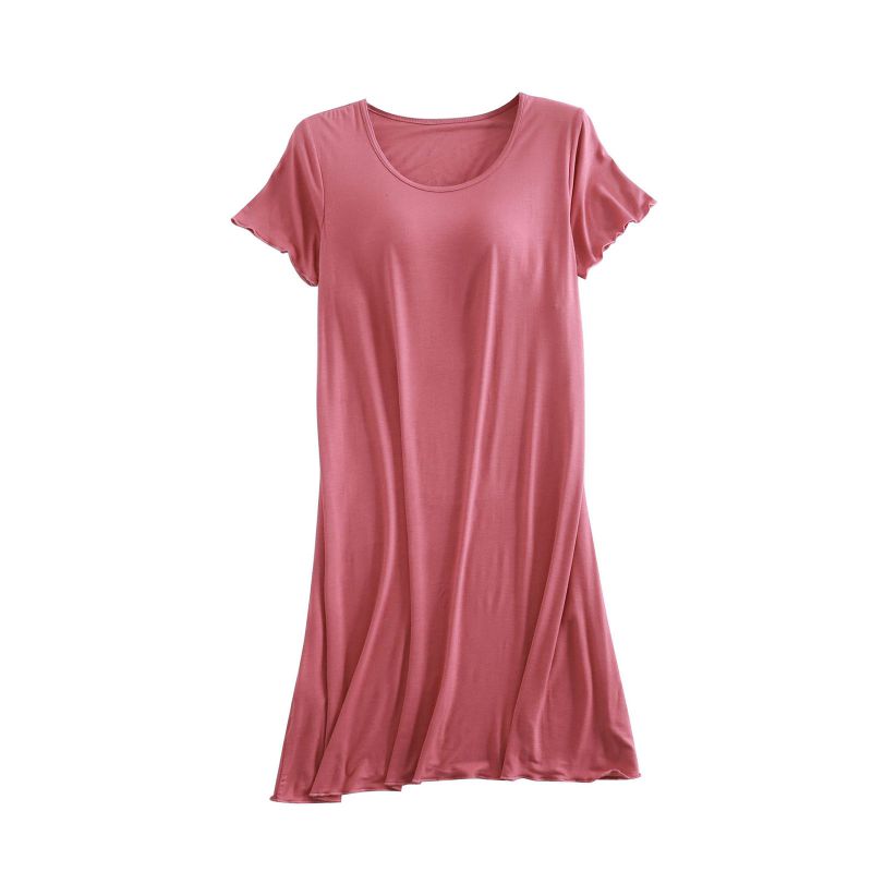 Women Casual Short Sleeve Nightgown Solid Color Pajama Dress with Bra Pad