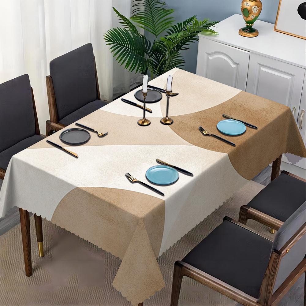 Minimalist Beige Geometric Tablecloth, Abstract Color Block Print with Scalloped Edge, Stain Resistant for Dining Room & Neutral