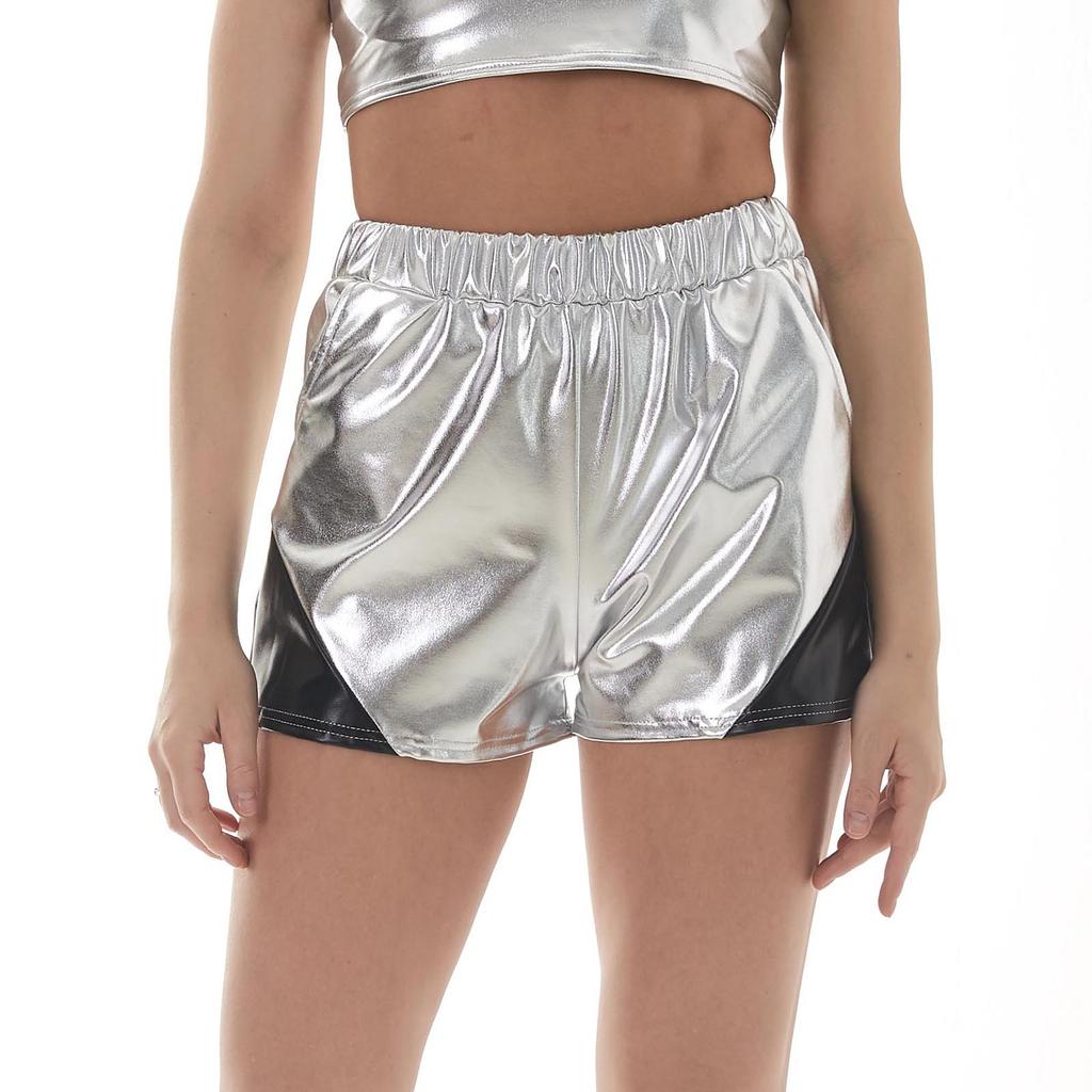 Women's Fashion Loose Color Block Faux Leather Shorts With Pockets And Elastic Waist