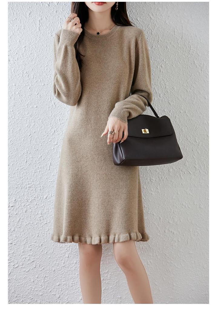 Women's Pure Wool Ruffle Knit Dress - Mid-Length, Long Sleeve, Loose Fit