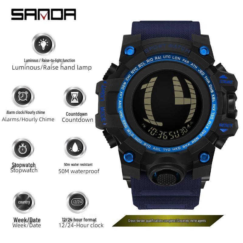 Sanda Multifunctional Waterproof Luminous Electronic Watch for Students – Unisex with Raise Hand Light Feature.