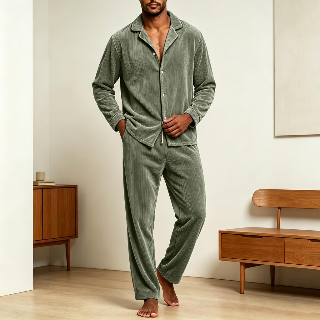 Men's Casual Loose Fit Corduroy Pajama Set with Button-Front Long Sleeve Top and Pants