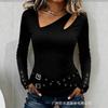 T-shirt Haut Casual Manches Longues Boutons Métalliques Col en V Vintage Sexy pour Femme