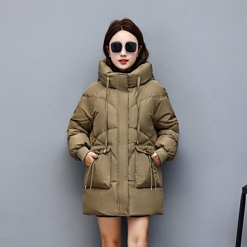 2025 new down cotton jacket mid-length thickened hooded padded jacket Korean version loose cotton jacket winter warm jacket for women