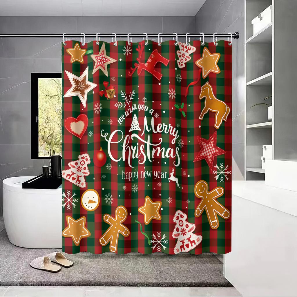 1pc Christmas Gingerbread Print Waterproof Holiday Shower Curtain Bathe Partition Privacy Multi Size 12 Hooks Easy Installation