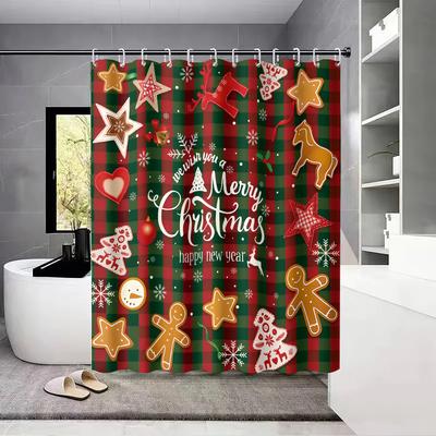 1pc Christmas Gingerbread Print Waterproof Holiday Shower Curtain Bathe Partition Privacy Multi Size 12 Hooks Easy Installation