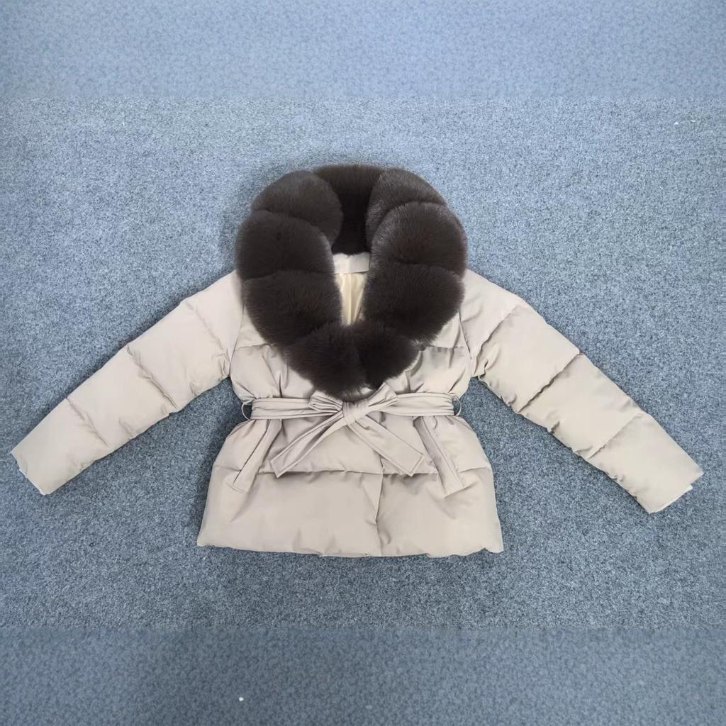 Women's Hooded Faux Fur Collar Puffer Coat Belted Waist Short Quilted Solid Color Winter Warm Cotton Padded Jacket