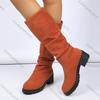 Comemore Boots for Women Leopard Suede Thick Middle Heel Folded Stacked Mid-calf Boots Round Toe Slip-On Botas Shoes