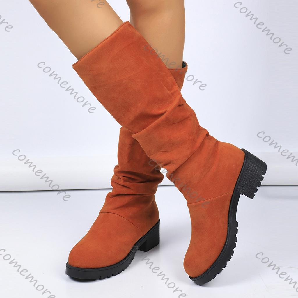 Comemore Boots for Women Leopard Suede Thick Middle Heel Folded Stacked Mid-calf Boots Round Toe Slip-On Botas Shoes