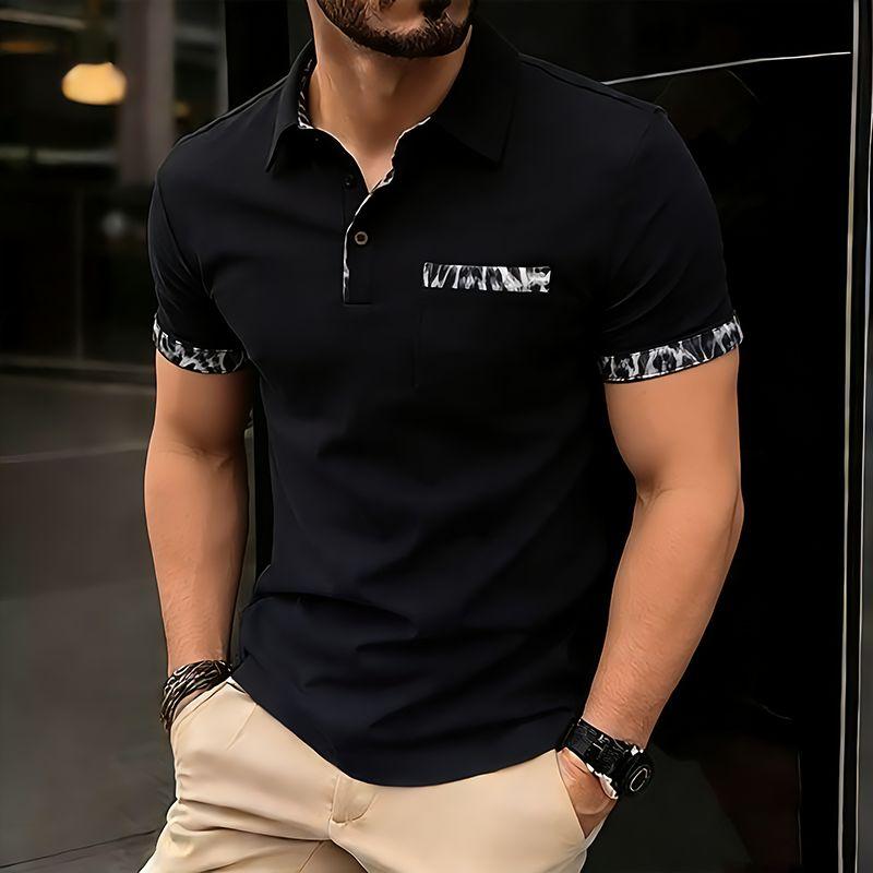 Summer Men's Solid Pocket Splicing Polo Shirts Short Sleeve Breathable Casual Contrast Color Lapel Collar Streetwear Basic Tops