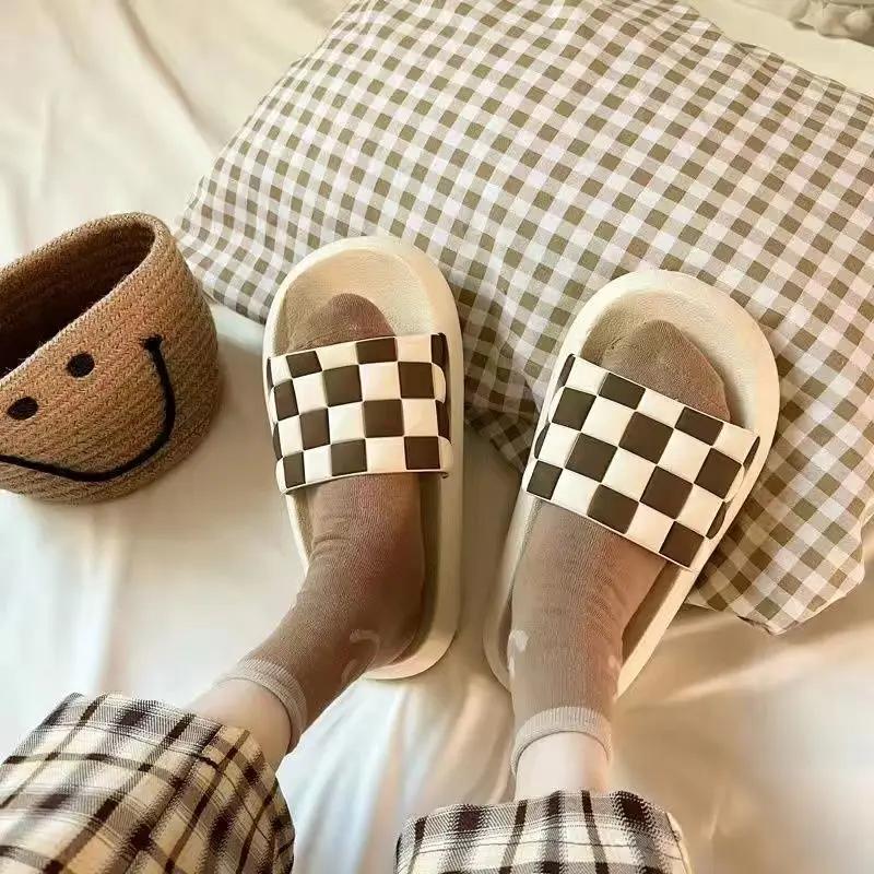 Fashion Woman Slippers Open Toe Bathroom Home Indoor Bedroom Sandals House Plaid Shoes for Women Slides Flat Original I B Unique G F 39