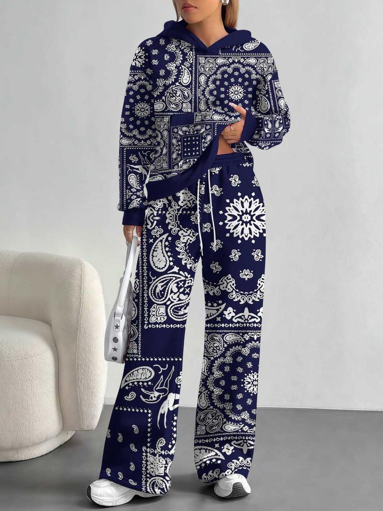 Retro Pattern 1116 European and American Autumn and Winter Casual Long-sleeved Suit Women's Hooded Sweater Trousers Two-piece Set