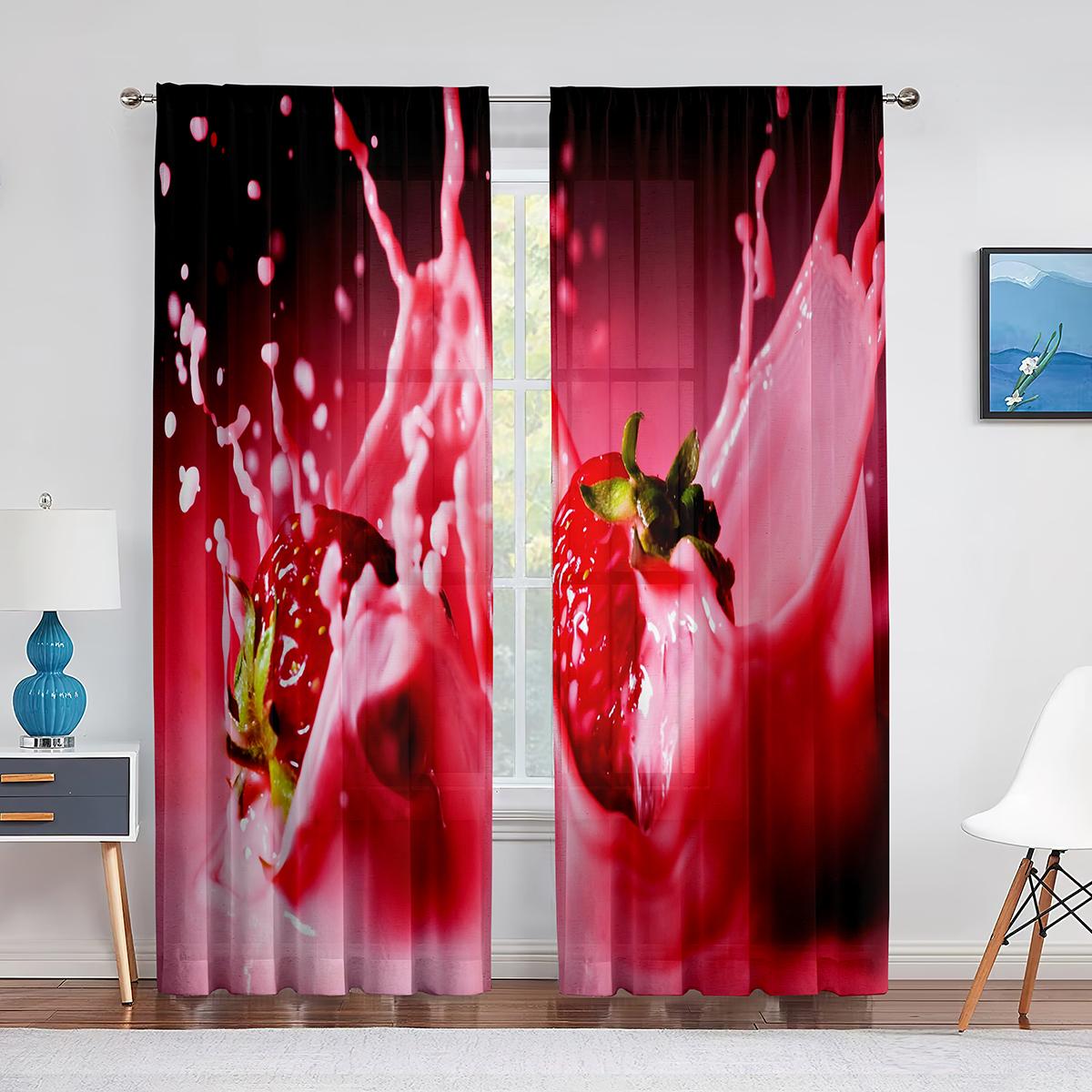 

Тюлевые шторы с клубникой крупным планом спелые летние фрукты для украшения гостиной, спальни, шифоновая прозрачная вуаль, оконная занавеска 1 PCS W100XH250cm&Grommet Top