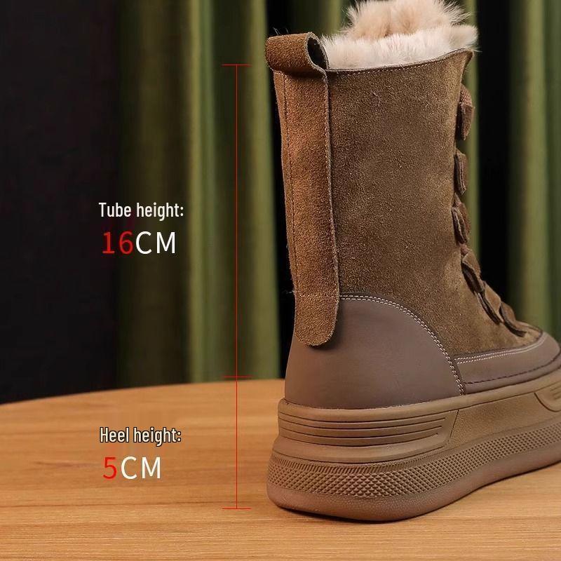 Winter 2025 Women's Mid-Calf Leather and Fur Snow Boots with Thick Soles and Warm Velvet Lining